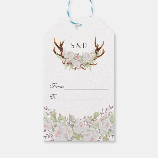 Elegante White Blume Antlers Monogram Wedding Geschenkanhänger (Rückseite)