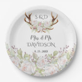 Elegante White Blume Antlers Monogram Wedding Pappteller (Vorderseite)