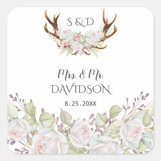 Elegante White Blume Antlers Monogram Wedding Quadratischer Aufkleber (Vorderseite)