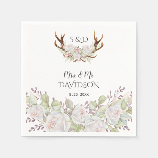 Elegante White Blume Antlers Monogram Wedding Serviette (Vorderseite)