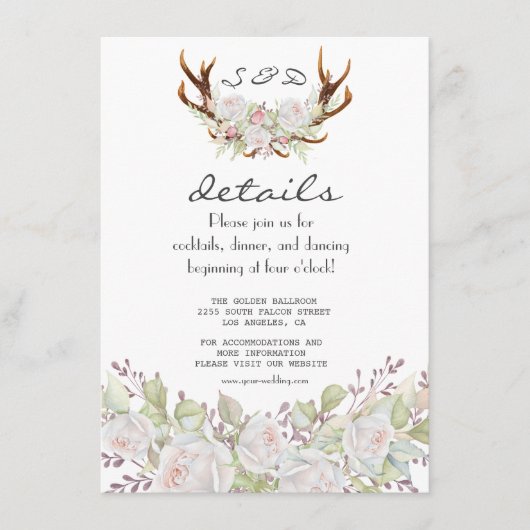 Elegante White Blume Antlers Navy Hochzeitdetails Begleitkarte (Vorderseite)