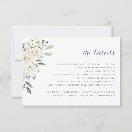 Elegante White Blume Dusty Blue Wedding Details Einladung (Vorderseite)