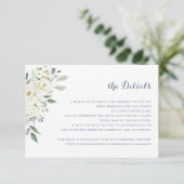 Elegante White Blume Dusty Blue Wedding Details Einladung (Stehend Vorderseite)