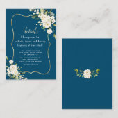 Elegante White Blume Gold Blue Wedding Details Begleitkarte (Vorne/Hinten)