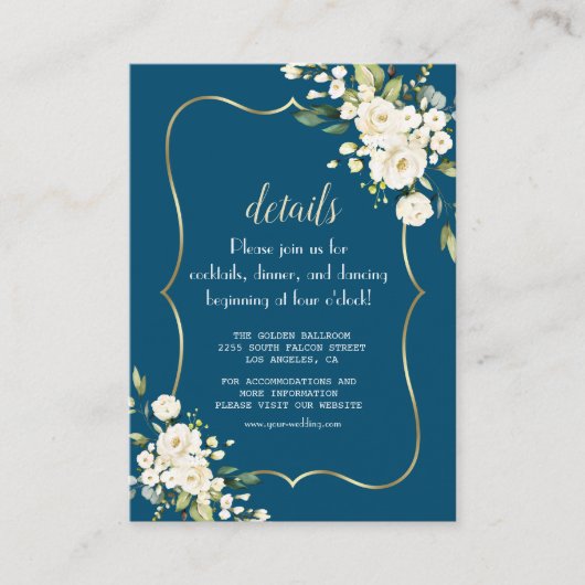 Elegante White Blume Gold Blue Wedding Details Begleitkarte (Vorderseite)