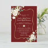 Elegante White Blume Gold Burgundy Wedding Einladung (Stehend Vorderseite)