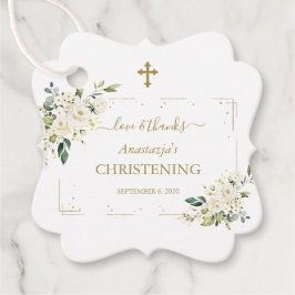 Elegante White Blume Gold Confetti Christening Geschenkanhänger