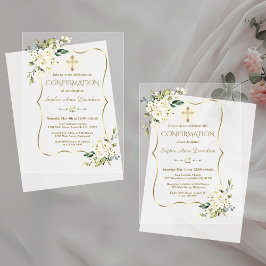 Elegante White Blume Gold Cross Bestätigung Acryleinladungen