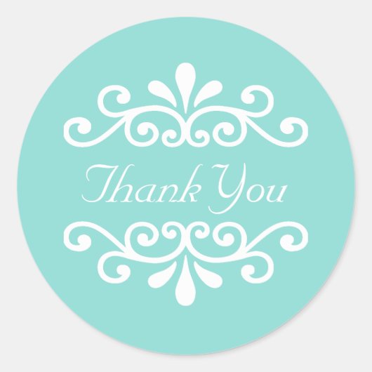 Elegante White Blume Vector auf Aquamarin Danke Runder Aufkleber (Vorderseite)