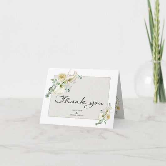 Elegante White Calla Lily & Eucalyptus Wedding Dankeskarte (Vorderseite)