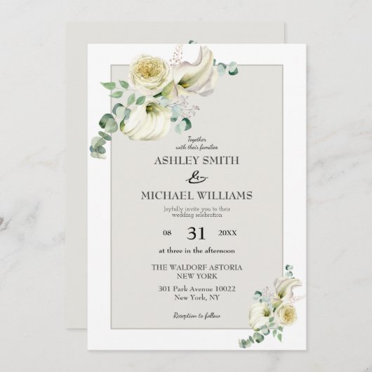 Elegante White Calla Lily & Eucalyptus Wedding Einladung (Vorne/Hinten)