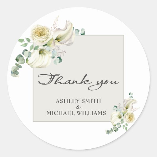Elegante White Calla Lily & Eucalyptus Wedding Runder Aufkleber (Vorderseite)