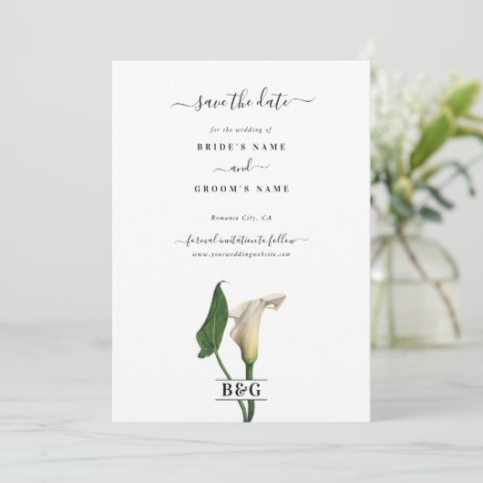Elegante White Calla Lily Grüne Botanische Hochzei Save The Date (Stehend Vorderseite)