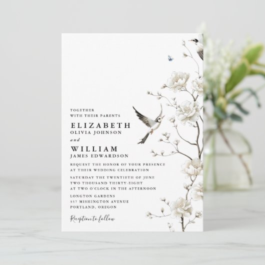 Elegante White Chinoiserie Rodelbahn Einladung (Stehend Vorderseite)