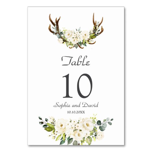 Elegante White Cream Blume Antlers Wedding Tischnummer (Vorderseite)