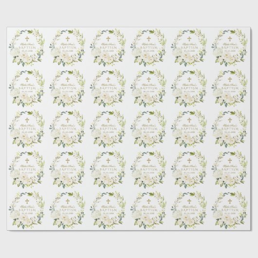 Elegante White Cream Blume Gold Cross Taufen Geschenkpapier (Flach)