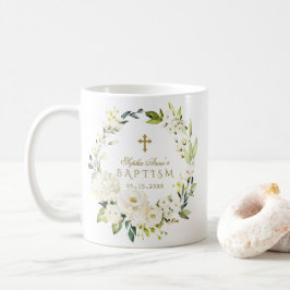 Elegante White Cream Blume Gold Cross Taufen Kaffeetasse