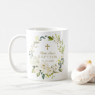 Elegante White Cream Blume Gold Cross Taufen Kaffeetasse