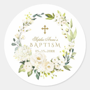 Elegante White Cream Blume Gold Cross Taufen Runder Aufkleber