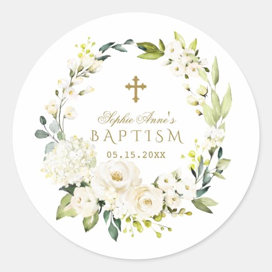 Elegante White Cream Blume Gold Cross Taufen Runder Aufkleber (Vorderseite)