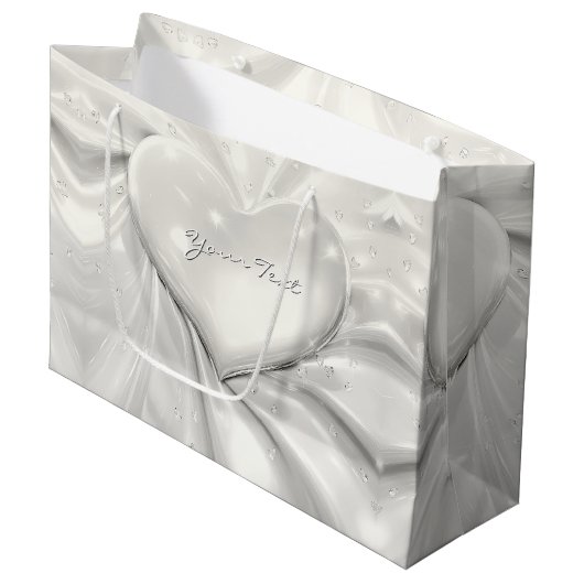 Elegante White Cream Heart Geschenktasche Große Geschenktüte (Vorderseite Schrägansicht)