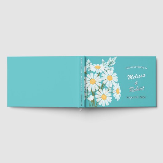 Elegante White Daisies Rustic Wedding Foil Aquamar Gästebuch (Voll)