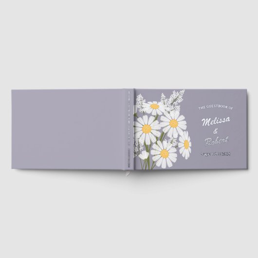 Elegante White Daisies Rustic Wedding Foil Lavende Gästebuch (Voll)