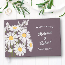 Elegante White Daisies Rustic Wedding Foil Lila Gästebuch
