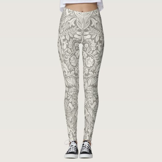 Elegante White Damask Floral Wohngestaltung Leggings (Vorderseite)