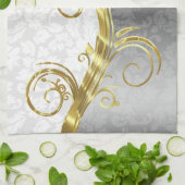 Elegante White Damasks Gold & Silver Wirbel Geschirrtuch (Gefaltet)