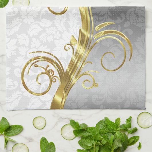 Elegante White Damasks Gold & Silver Wirbel Geschirrtuch (Gefaltet)