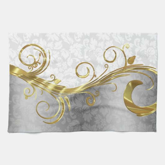 Elegante White Damasks Gold & Silver Wirbel Geschirrtuch (Horizontal)