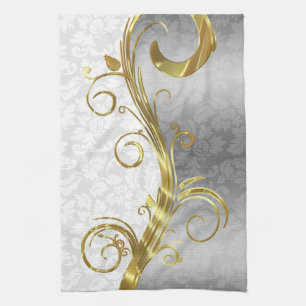 Elegante White Damasks Gold & Silver Wirbel Geschirrtuch