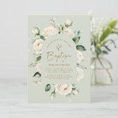 Elegante White Floral Aged Sage Baptisse Einladung (Stehend Vorderseite)