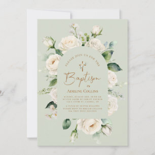 Elegante White Floral Aged Sage Baptisse Einladung