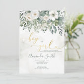 Elegante White Floral Boy oder Girl Gender Reveal Einladung (Stehend Vorderseite)
