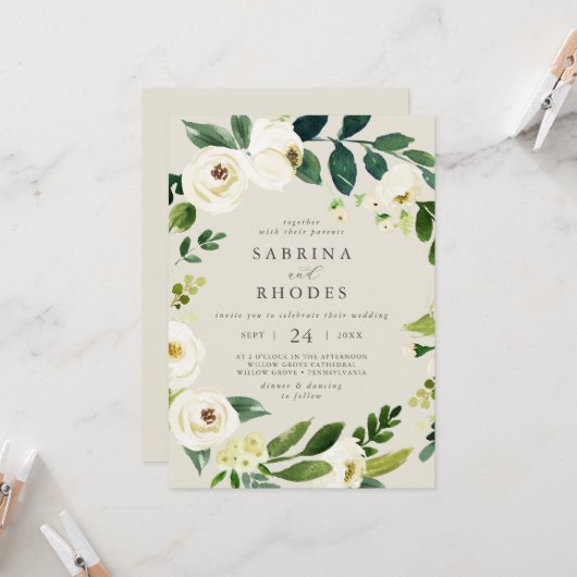 Elegante White Floral Champagne Front Back Wedding Einladung (Vorderseite/Rückseite Beispiel)