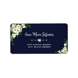 Elegante White Floral Dark Blue Wedding Adressaufkleber