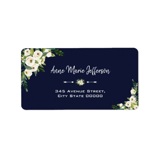 Elegante White Floral Dark Blue Wedding Adressaufkleber (Vorne)