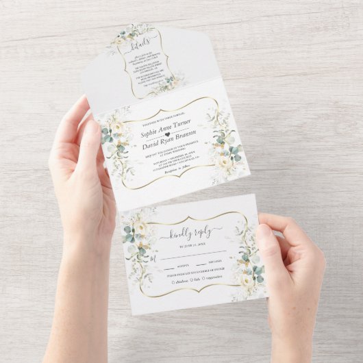 Elegante White Floral Eucalyptus Gold Wedding All In One Einladung (Abreißen)