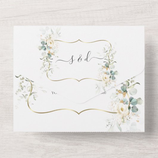 Elegante White Floral Eucalyptus Gold Wedding All In One Einladung (Rückseite)