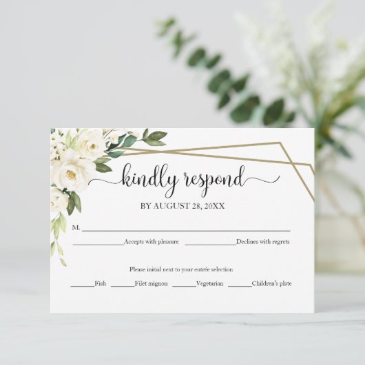 Elegante White Floral Geometric Wedding RSVP Card (Stehend Vorderseite)