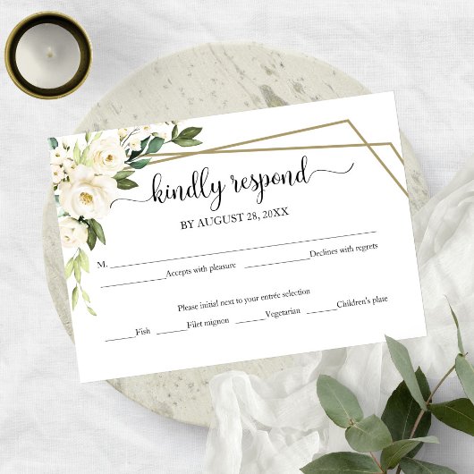 Elegante White Floral Geometric Wedding RSVP Card Karte