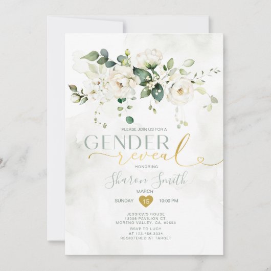 Elegante White Floral He or she Gender-Offenbarung Einladung (Vorderseite)