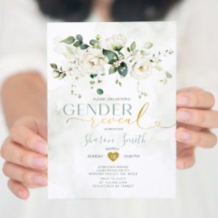 Elegante White Floral He or she Gender-Offenbarung Einladung