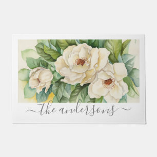 Elegante White Floral Magnolia Blume Skriptname Fußmatte