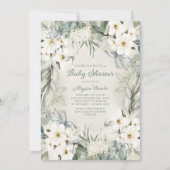 Elegante White Floral Sage Green Blätter Kinderdus Einladung (Vorderseite)