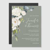 Elegante White Floral Sage Green Wedding Magnetkarte (Vorne/Hinten)
