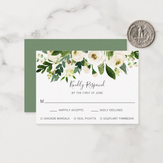Elegante White Floral Wedding Mini RSVP Karte (Vorderseite/Rückseite Beispiel)