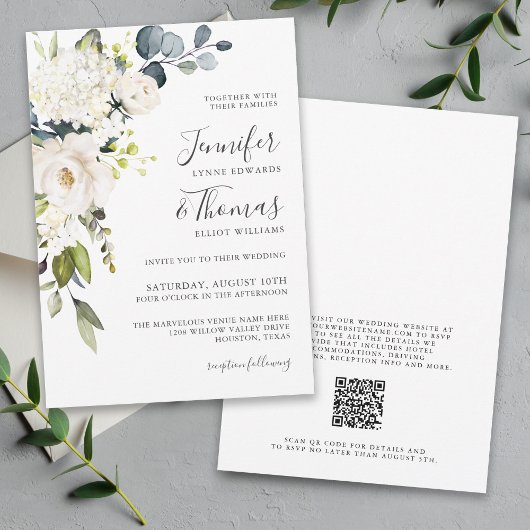 Elegante White Floral Wedding mit QR-Code Einladung